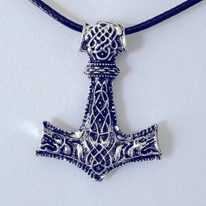 Thor’s Hammer Nordic Norse Celtic Viking Silver & Black Necklace NWT